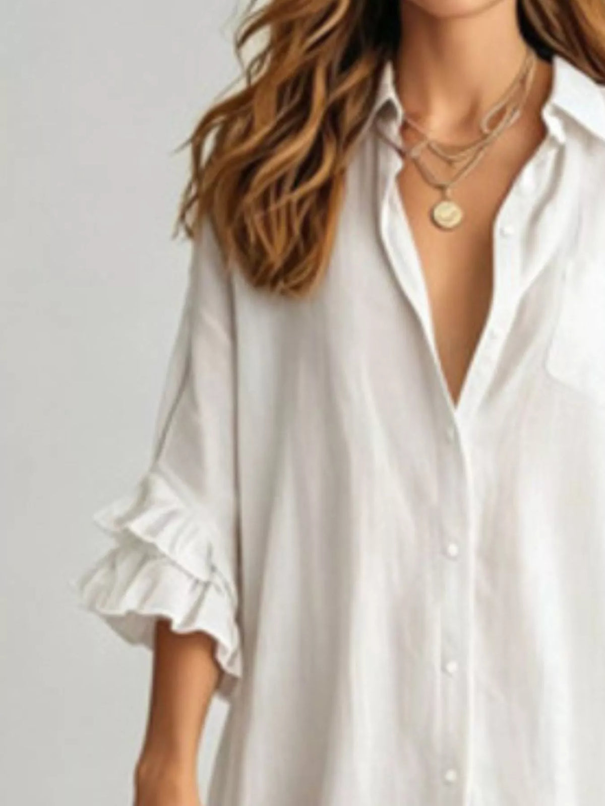 Full Size Ruffled Trim Button-Down Maxi Shirt Dress Plus Size