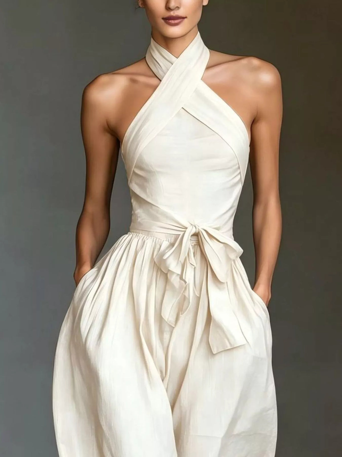Halter Neck Wide-Leg Jumpsuit with Waist-Tie Detail