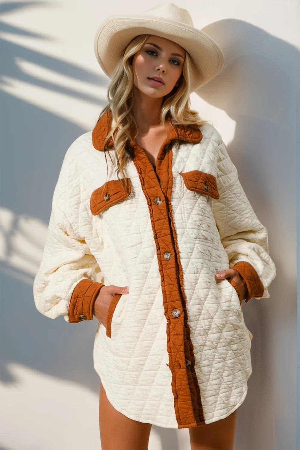 Double Take Full Size Contrast Button Up Quilted Shacket in Cream