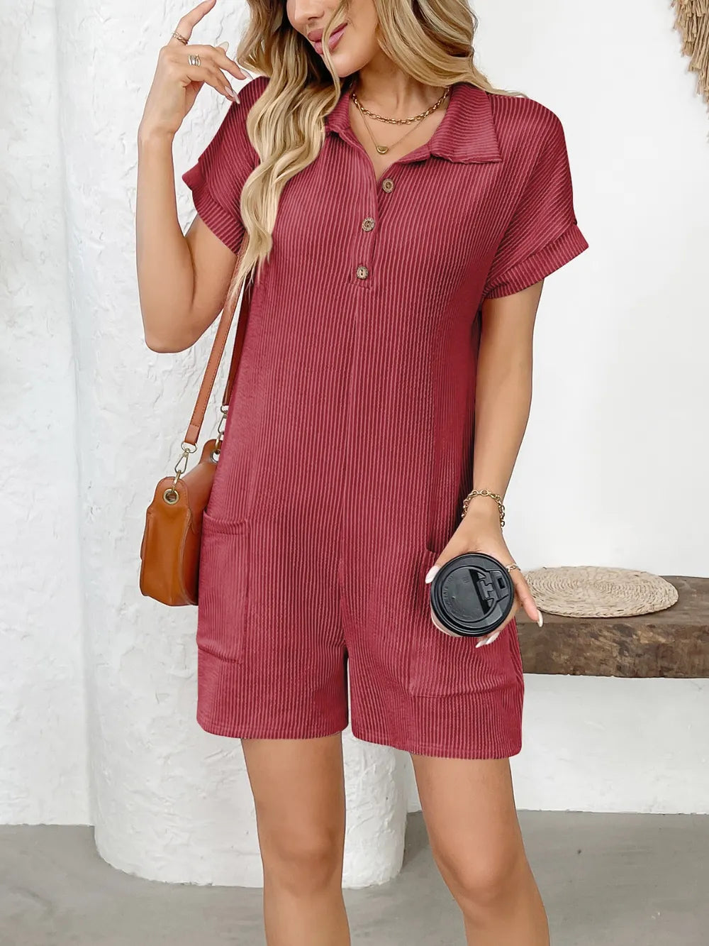 Button Detail Collared Neck Short Sleeve Romper - Lilixa.store