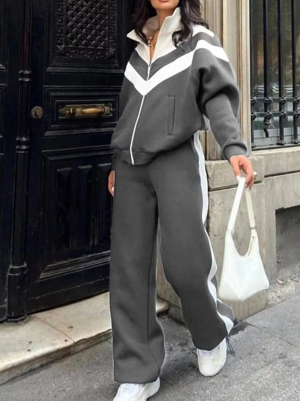 Color Block Zip-Up Outerwear and Pants Set - Lilixa.store