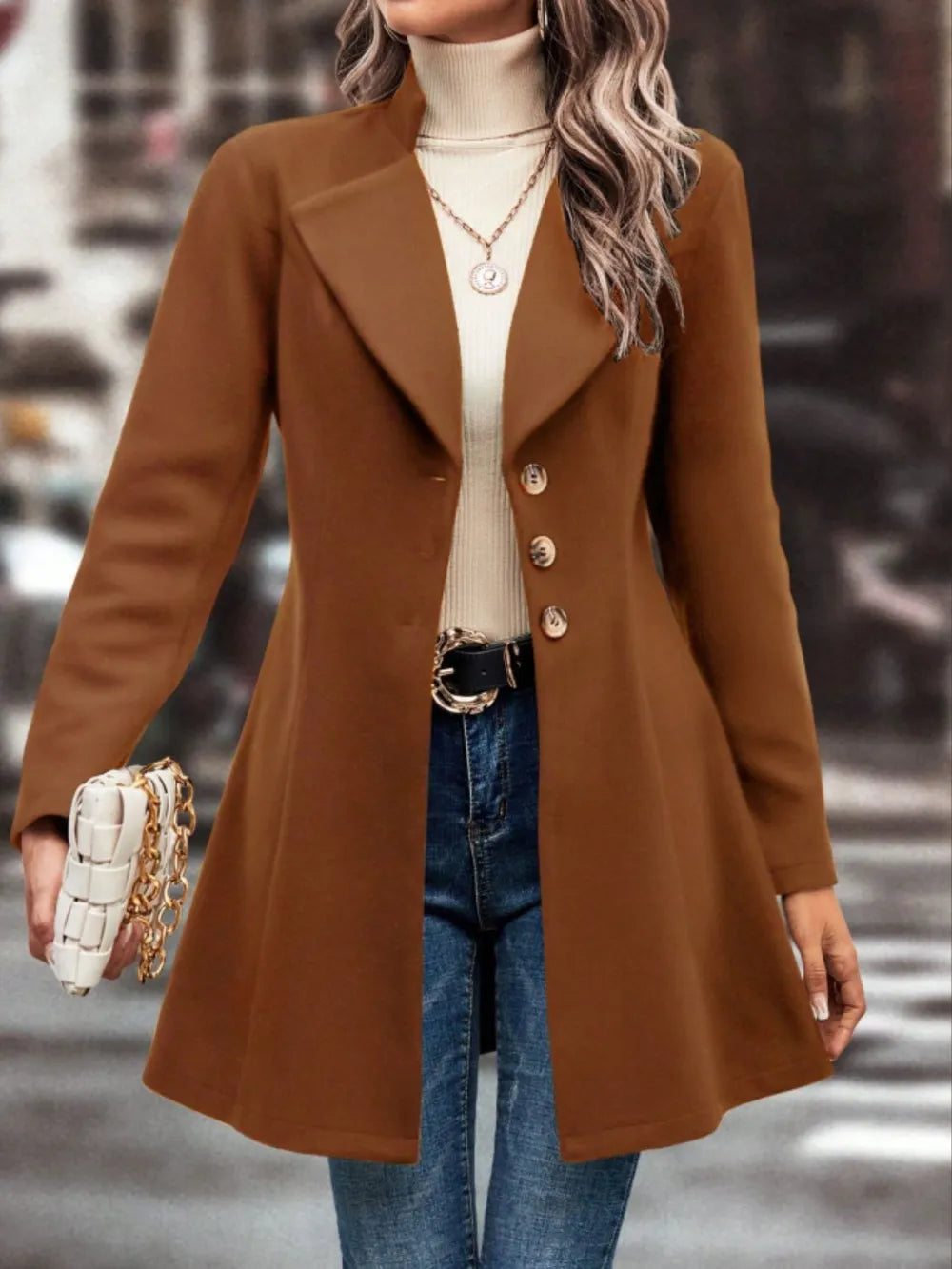Collared Neck Button Up Long Sleeve Coat in Caramel