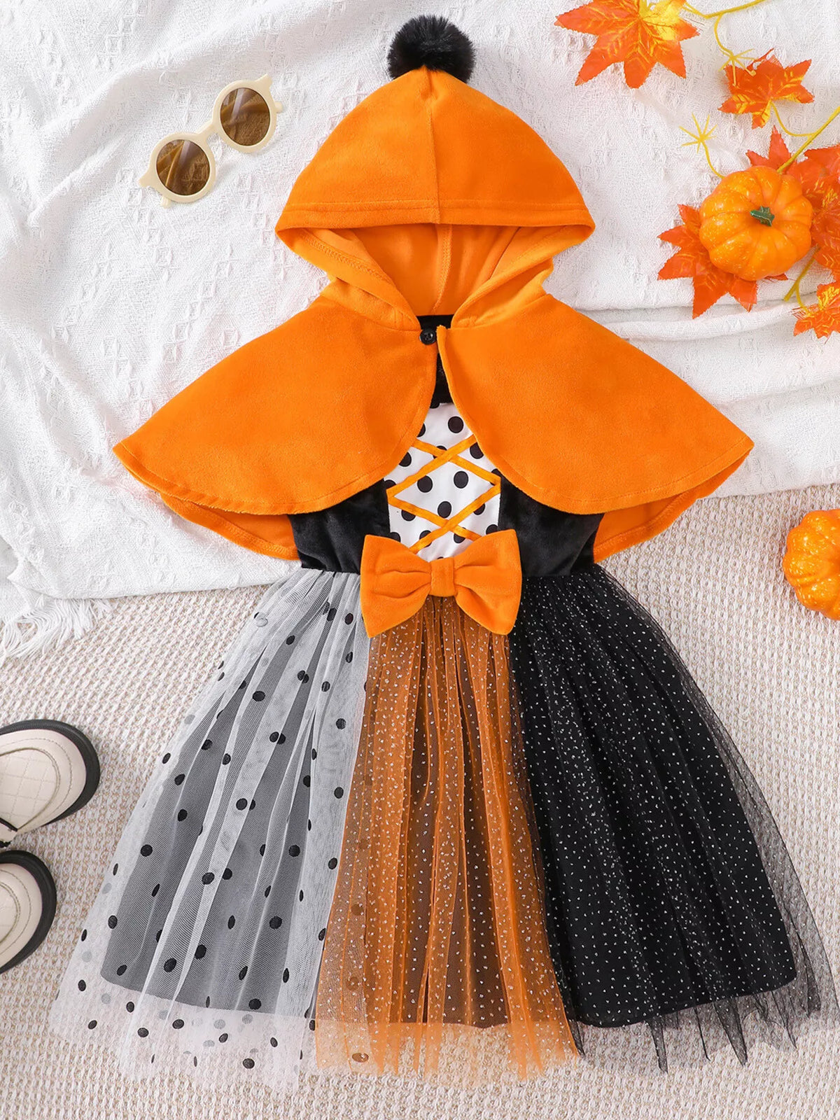Children's Halloween Pumpkin Hooded Cape and Polka Dot Tulle Dress Set - Lilixa.store