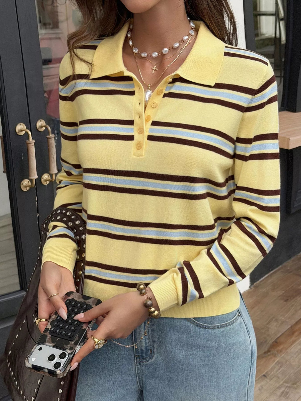 Striped Polo Collar Knit Top - Lilixa.store