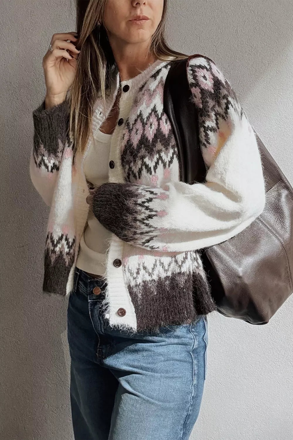 Geometric Pattern Brushed Knit Button Cardigan - Lilixa.store
