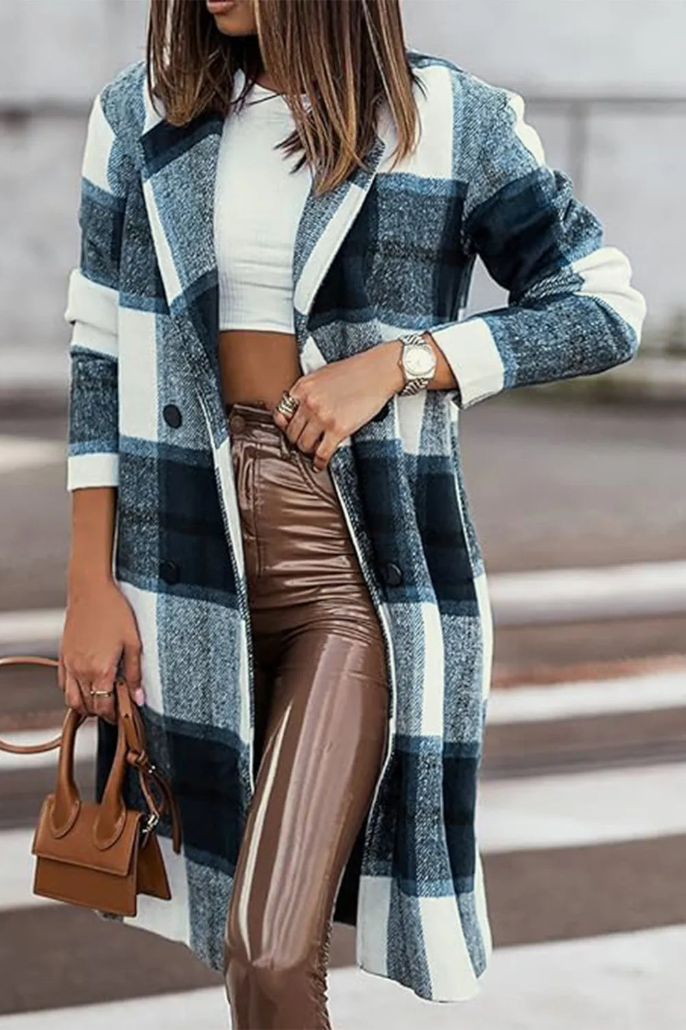 Double Take Full Size Plaid Button Up Lapel Collar Coat - Lilixa.store