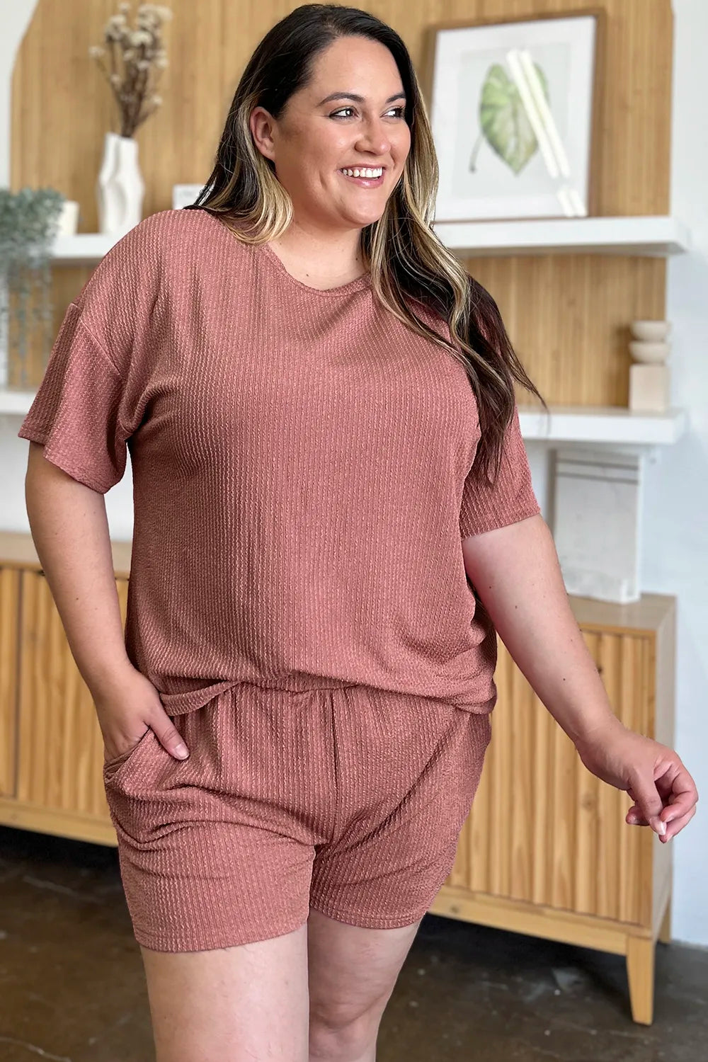 Double Take Full Size Round Neck Short Sleeve T-Shirt and Shorts Set in Light Mauve, view 7