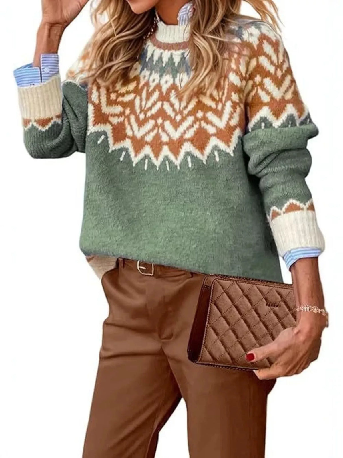 Full Size Fair Isle Patterned Long Sleeve Sweater Plus Size