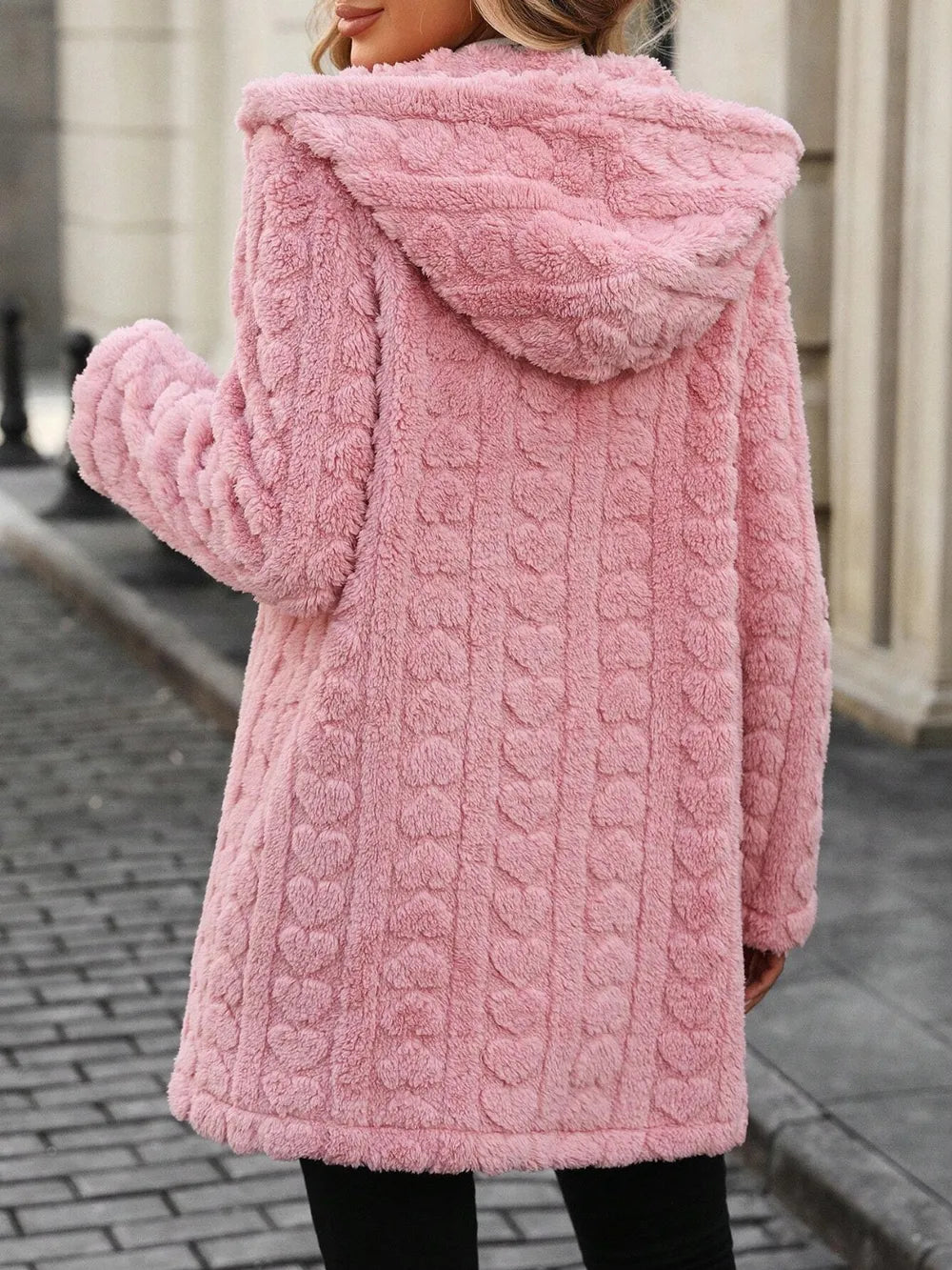 Heart Open Front Hooded Fuzzy Coat in Blush Pink, view 3