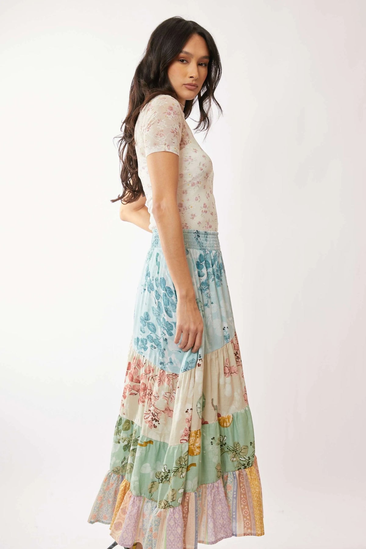 Davi & Dani Floral Mesh Mock Neck Short Sleeve Top - Lilixa.store