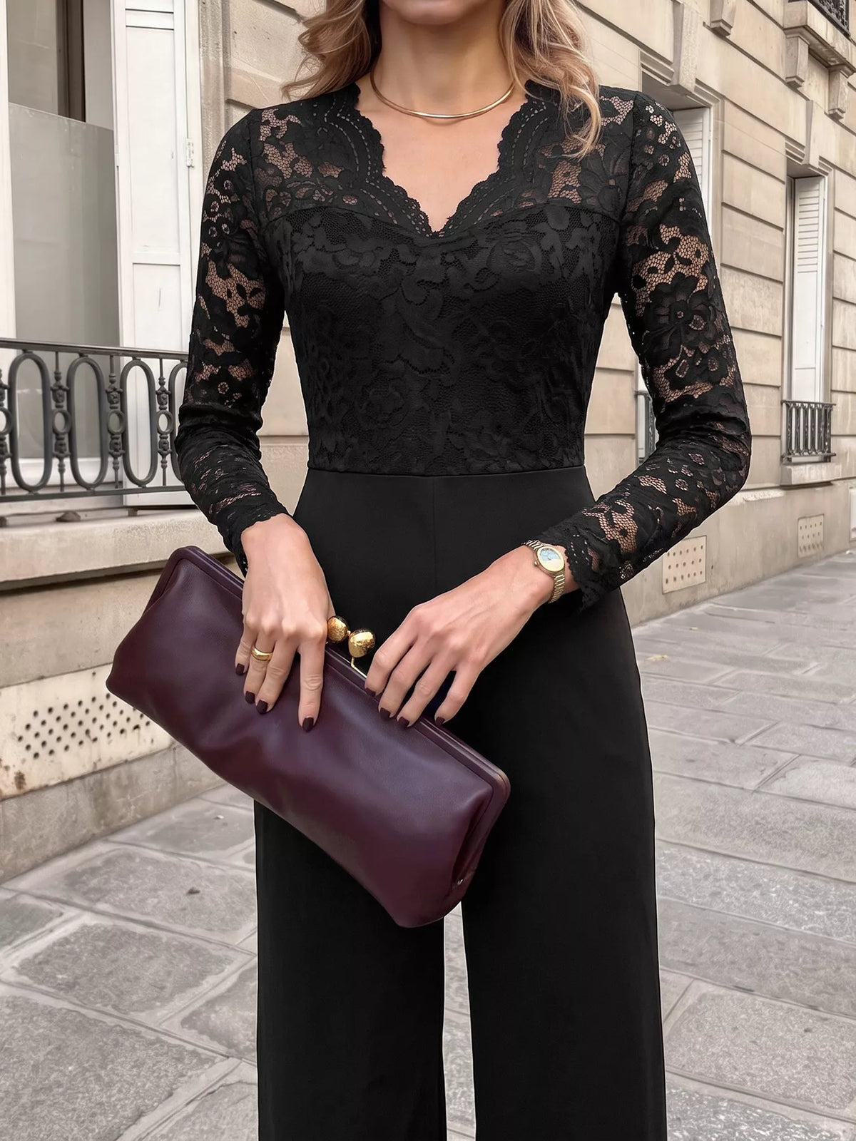 Lace Long Sleeve Wide-Leg Jumpsuit in Black, view 4