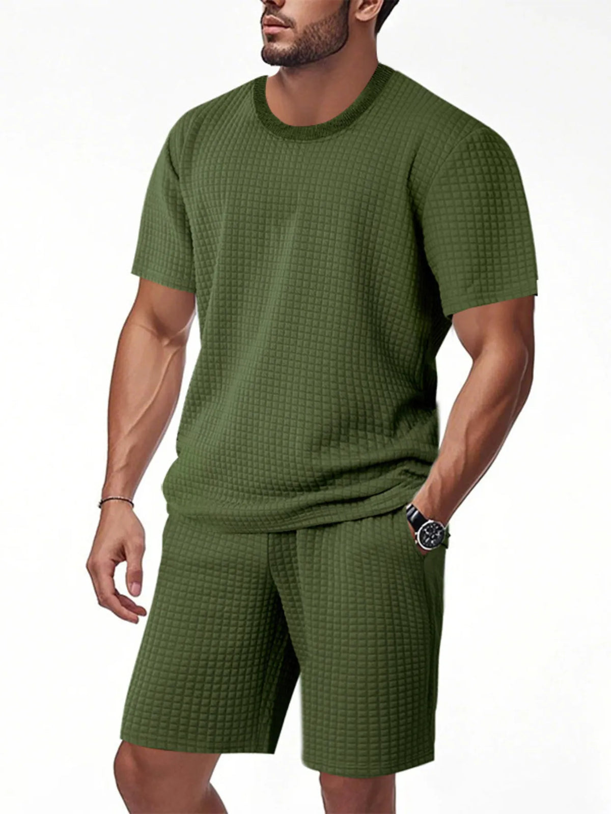Men's Full Size Textured Round Neck Top and Shorts Set Plus SIze in Army Green