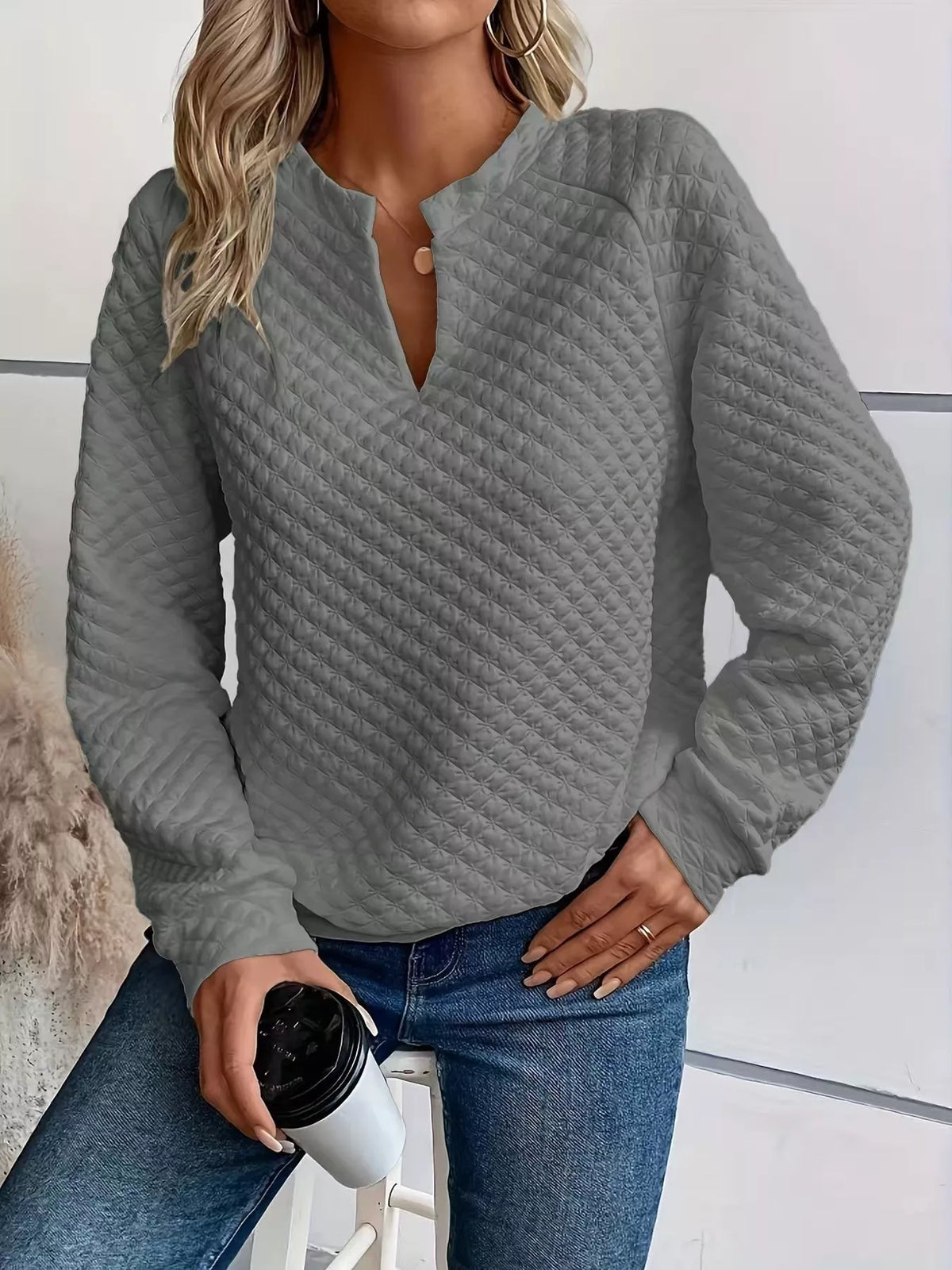 Quilted Texture Long Sleeve Sweatshirt with Notched Neck - Lilixa.store