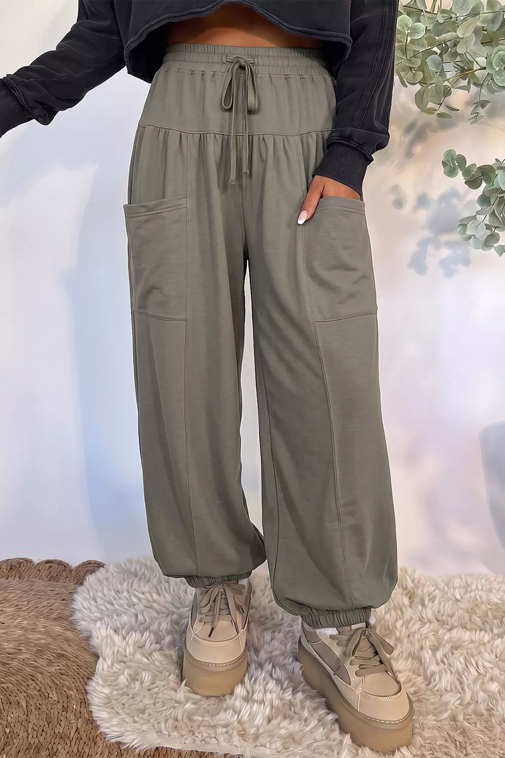 Elastic Waist Drawstring Wide Leg Full Length Pants