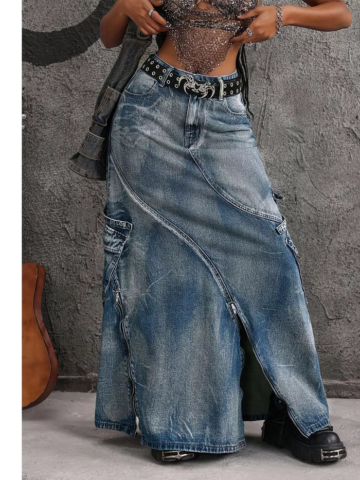 High-Waisted Denim Maxi Skirt with Zipper Slit - Lilixa.store