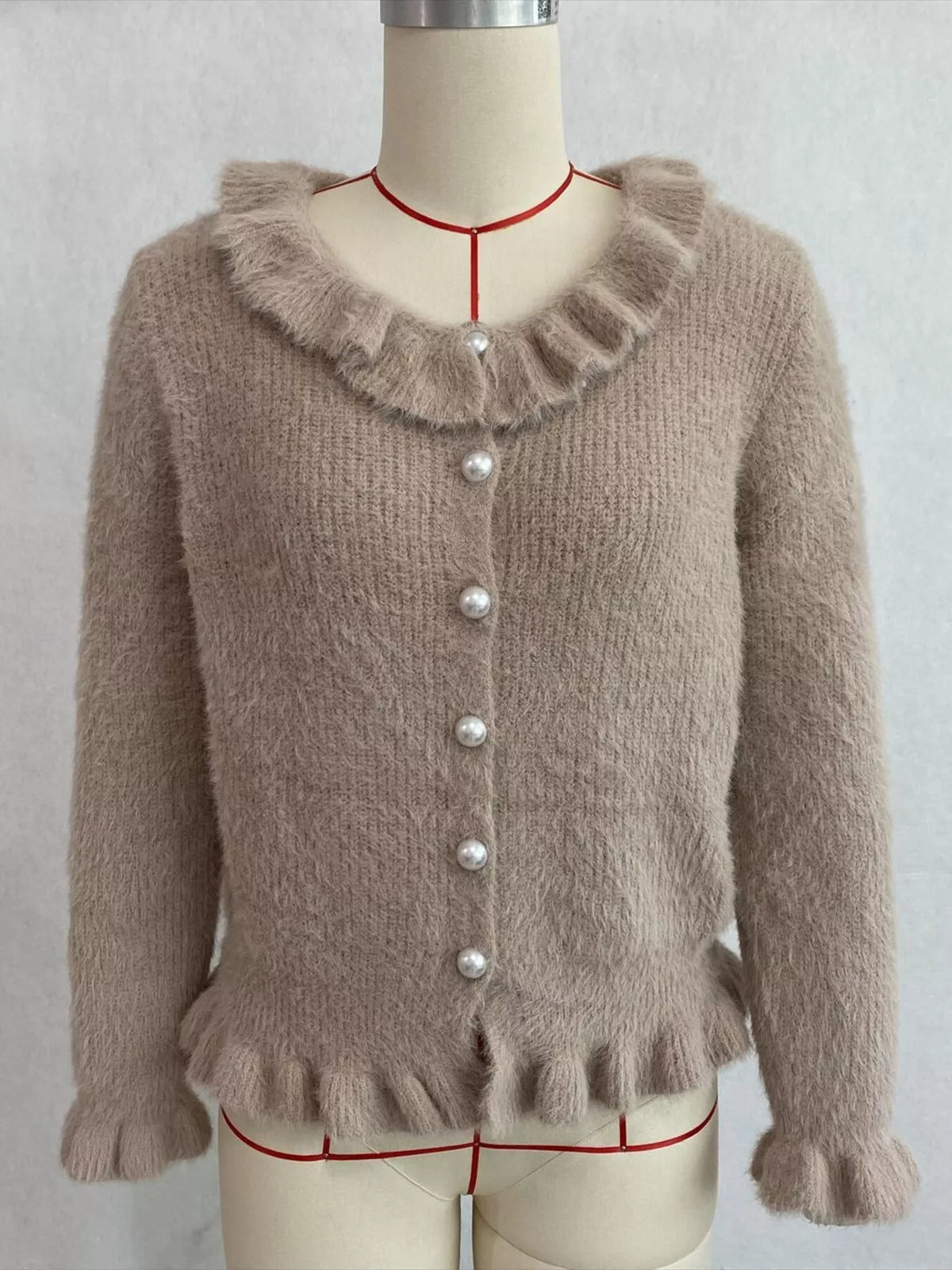 Soft Fuzzy Cardigan with Ruffled Collar and Pearl Buttons, view 19