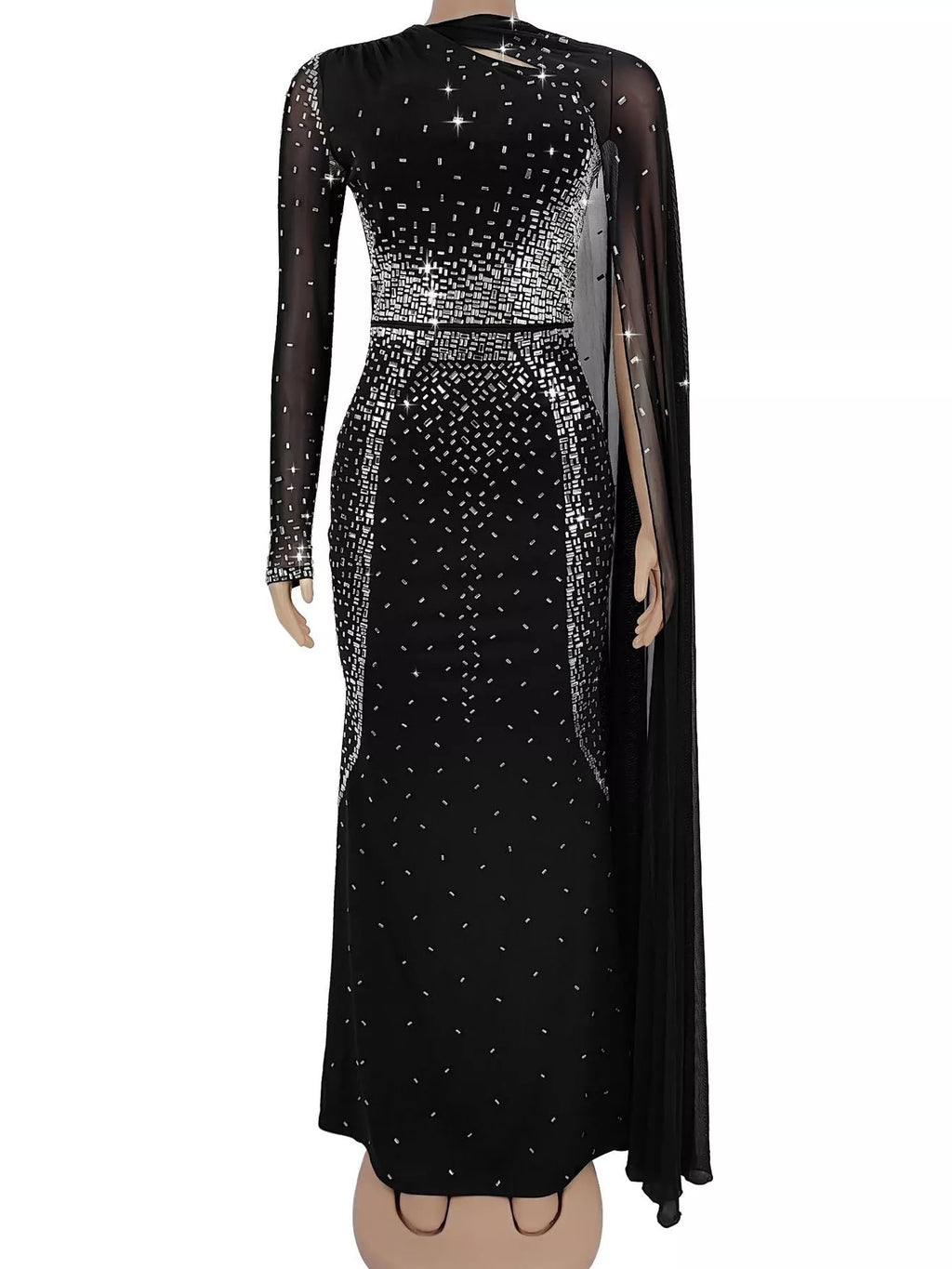 Rhinestone Embellished Cape Maxi Dress - Lilixa.store