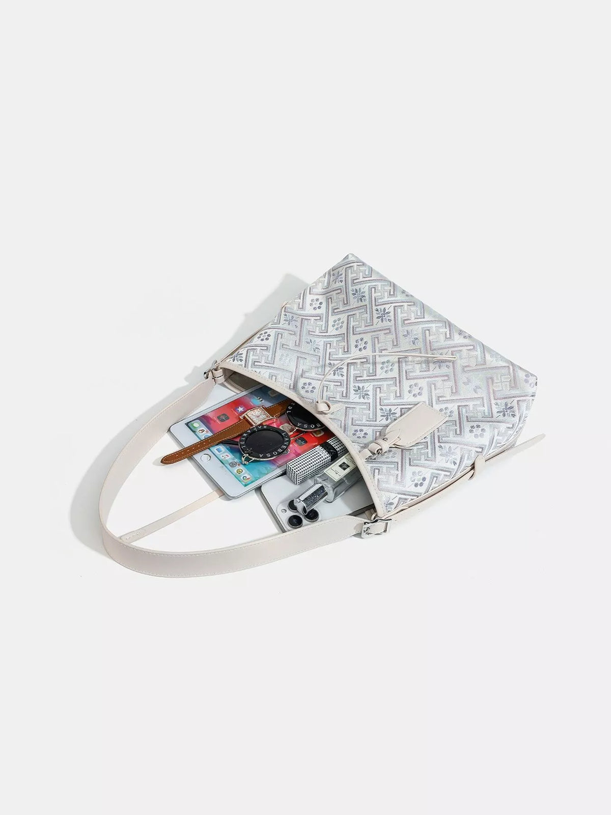 Geometric Pattern Jacquard Shoulder Bag with Adjustable Strap in Light Blue, view 6