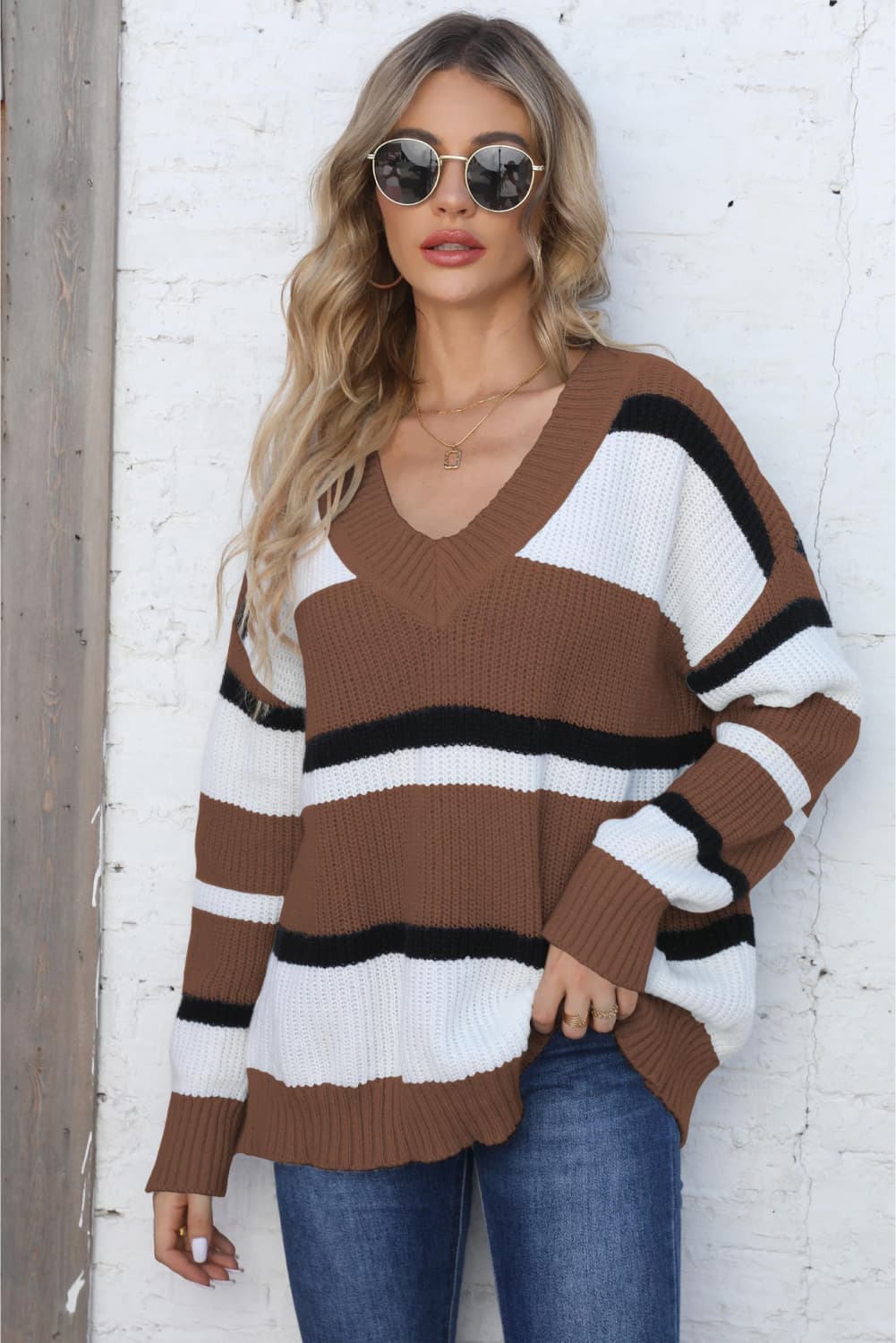 Color Block V-Neck Dropped Shoulder Sweater in Chocolate