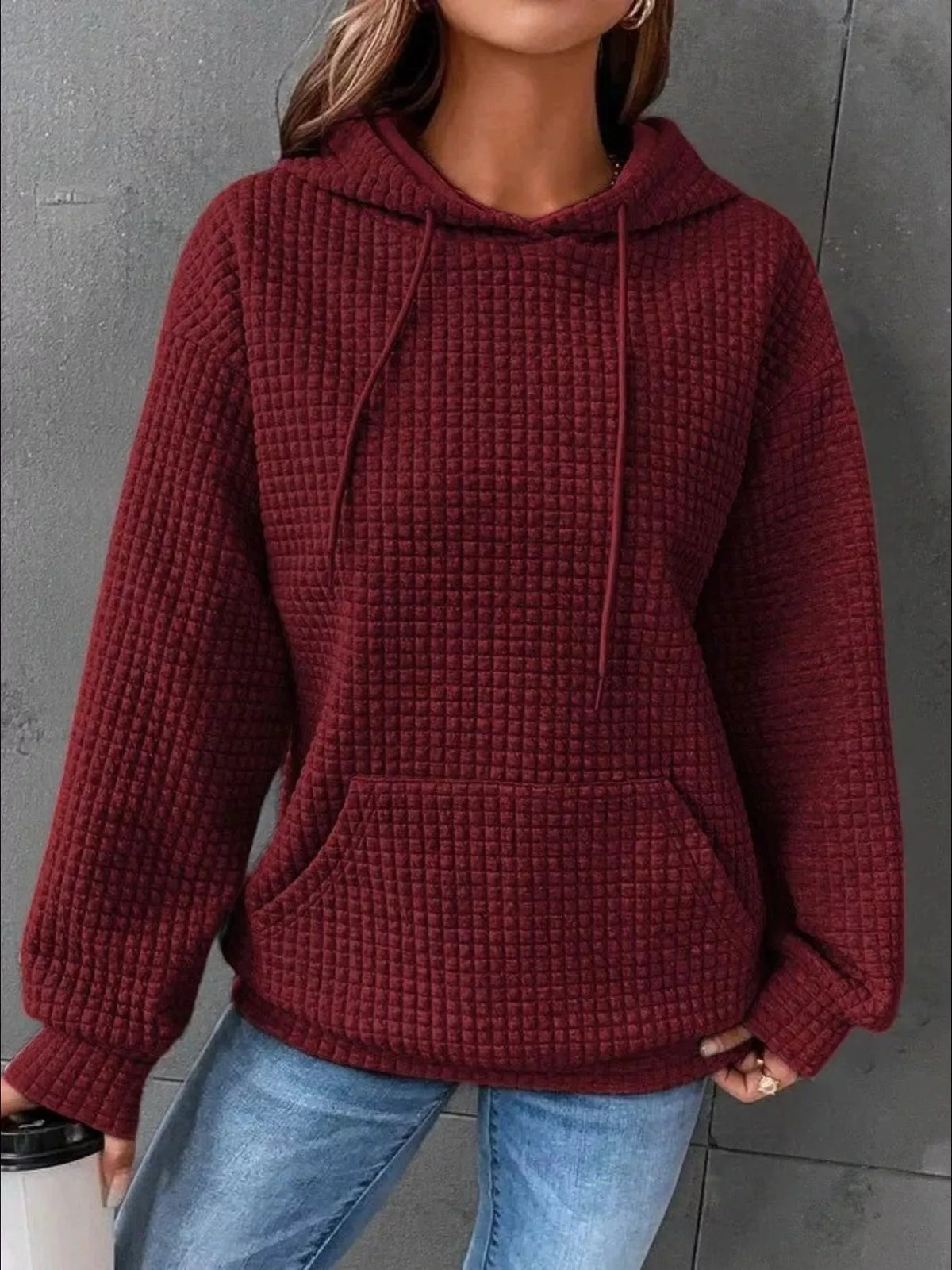 Full Size Textured Kangaroo Pocket Hoodie Plus Size - Lilixa.store