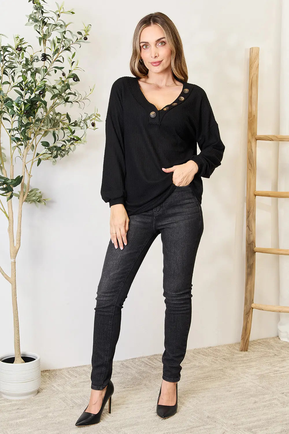 Zenana Buttoned Long Sleeve Blouse - Lilixa.store