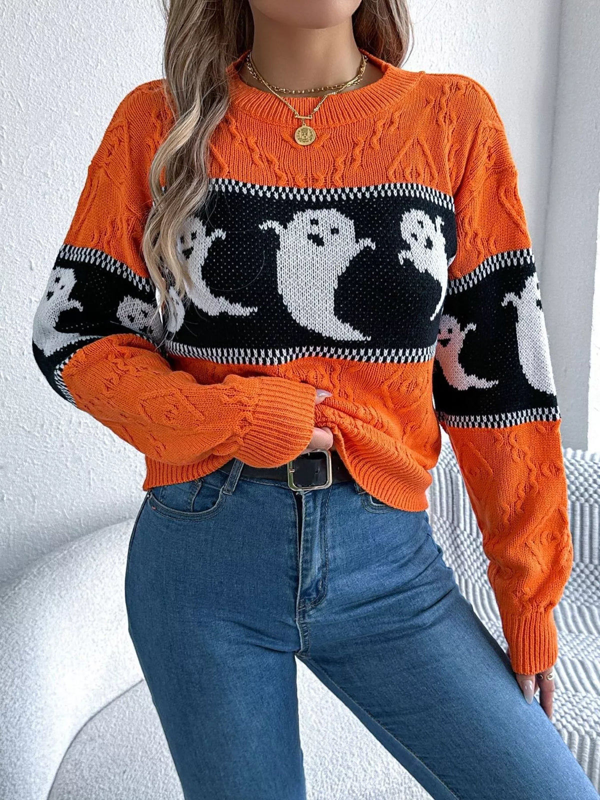 Halloween Ghost Pattern Textured Sweater