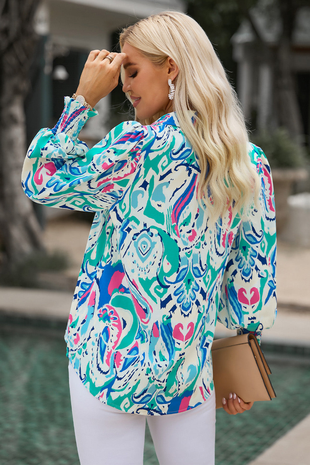 Printed Puff Sleeve Collared Blouse, view 8