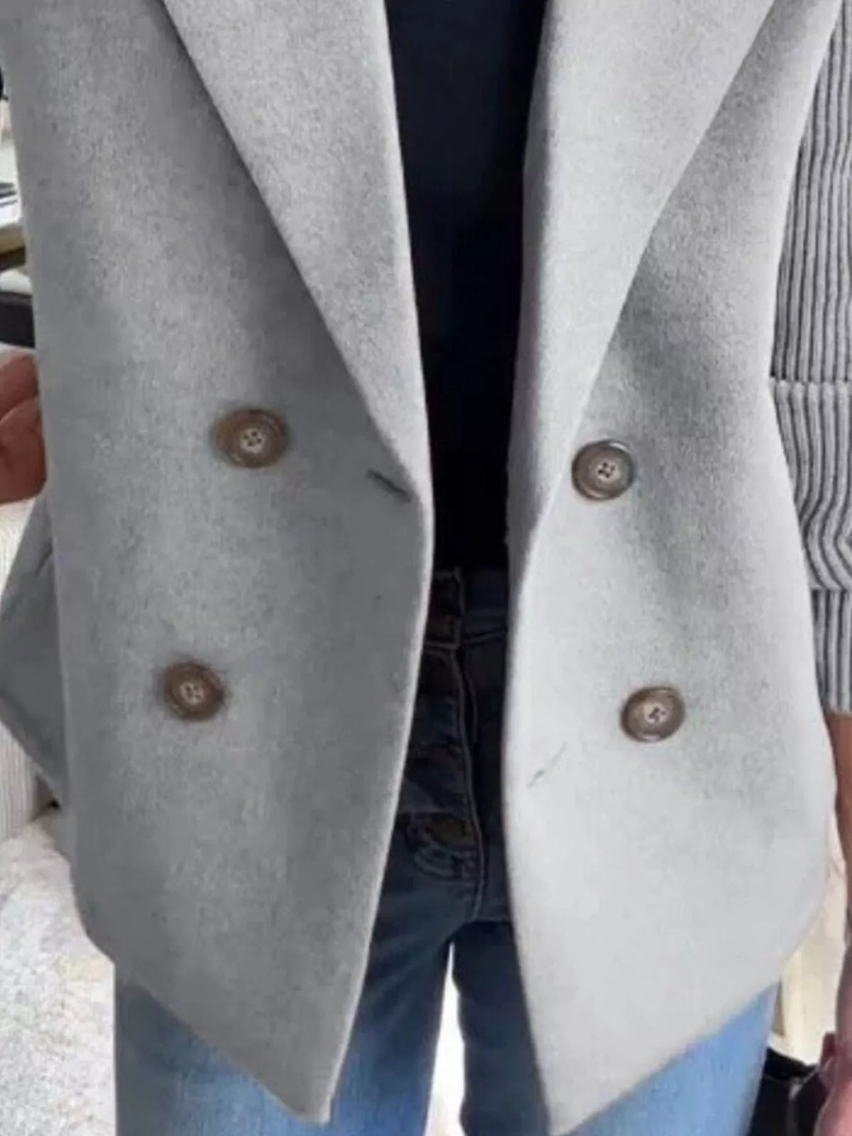 Full Size Knitted Sleeve Wool Blend Double-Breasted Blazer Plus Size - Lilixa.store