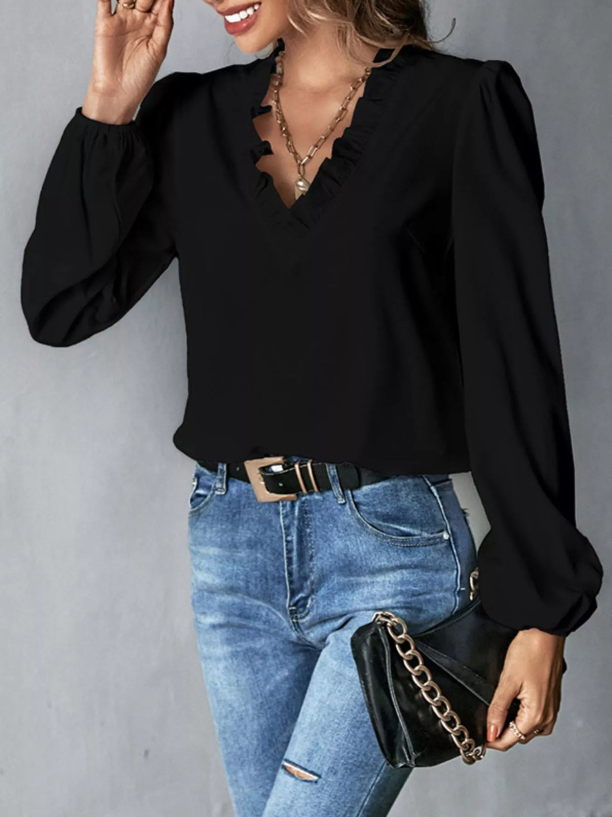 Ruffled Trim V-Neck Blouse - Lilixa.store