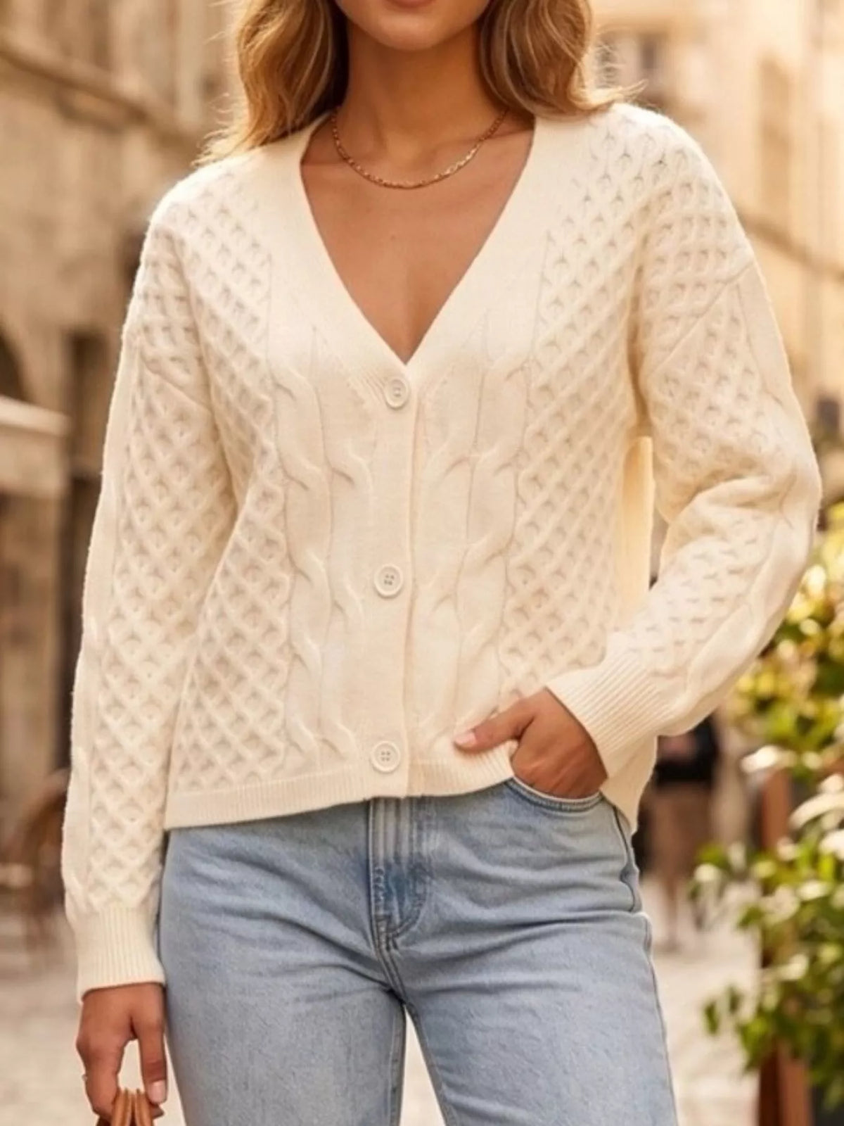 Cable-Knit V-Neck Button-Down Cardigan in Apricot