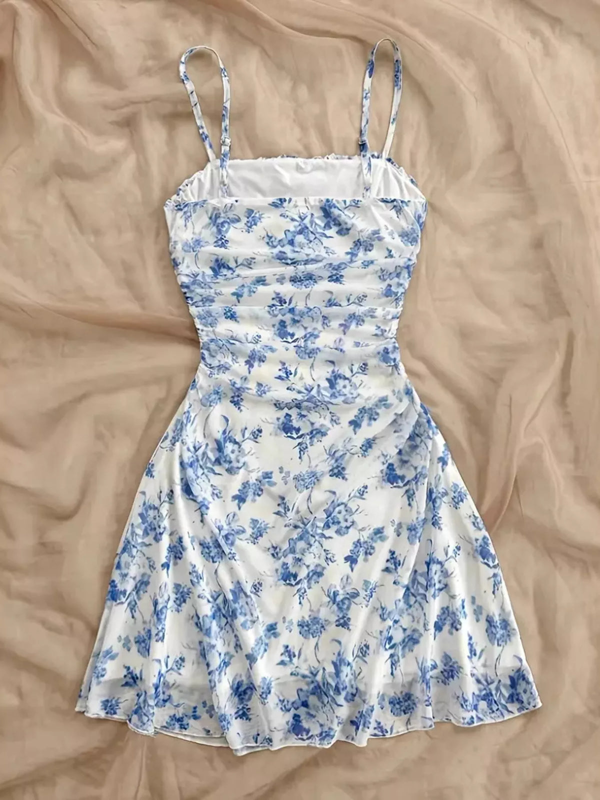 Floral Ruched Spaghetti Strap Mini Dress