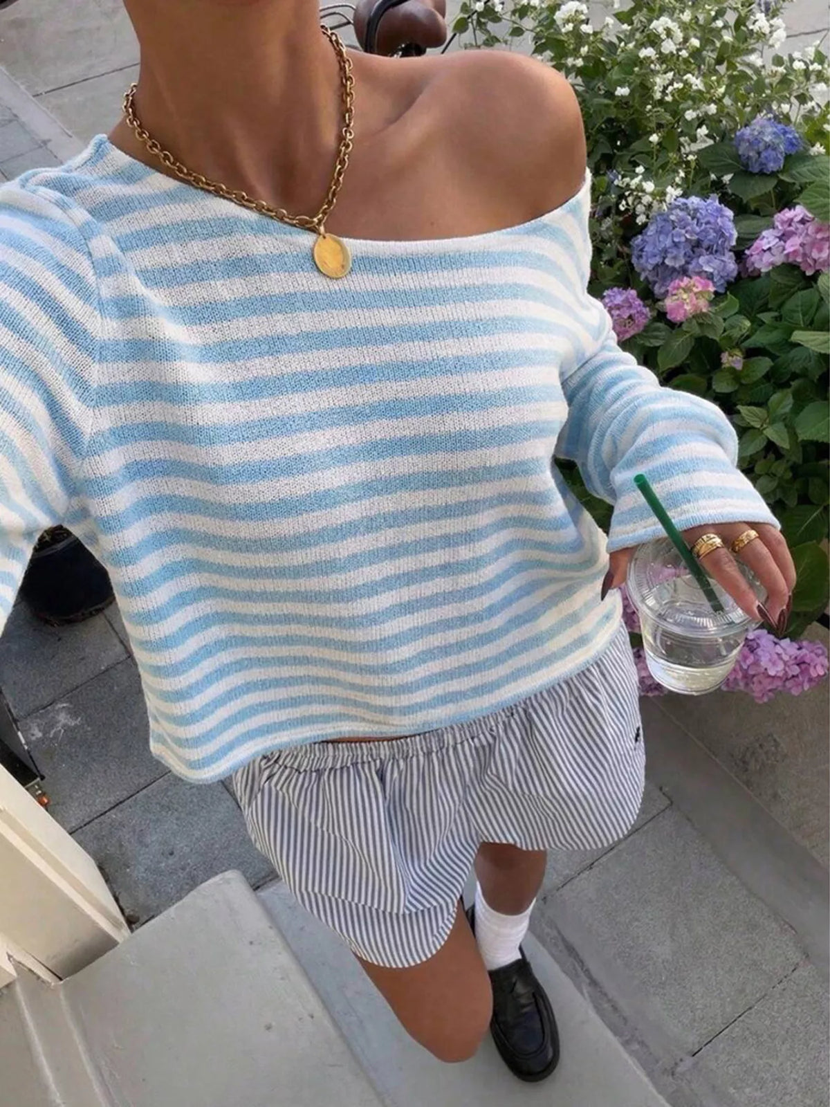 Boat Neck Striped Long Sleeve T-Shirt - Lilixa.store