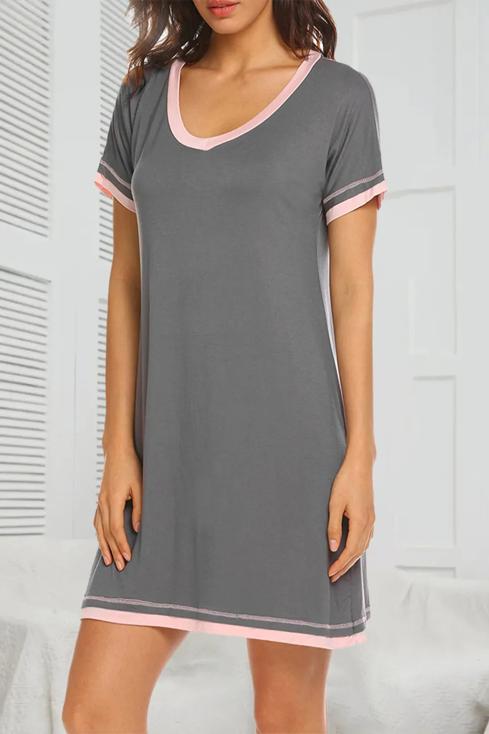 Contrast Trim Short Sleeve Lounge Dress in Dark Gray