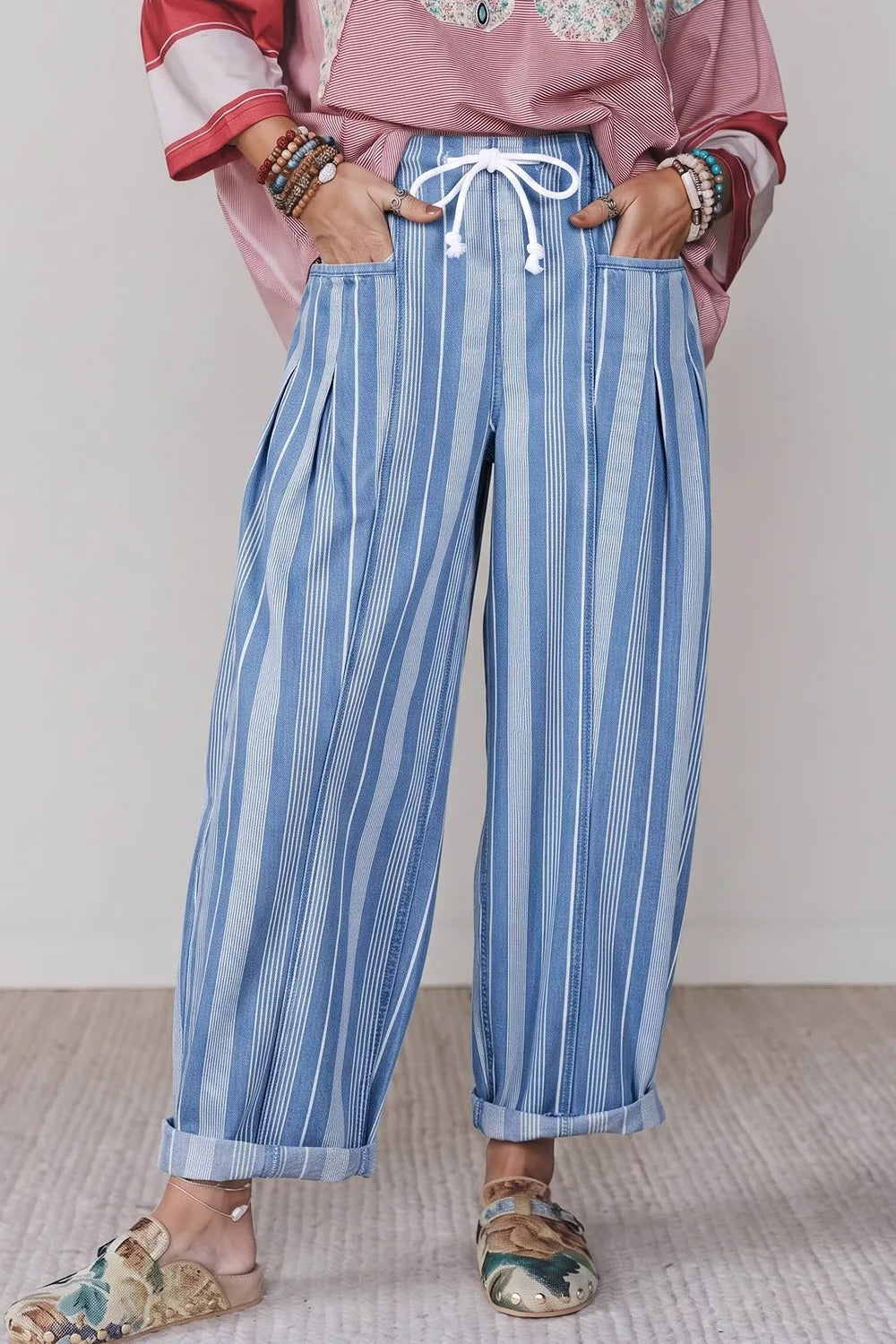 Stripe High Waist Wide Leg Barrel Jeans