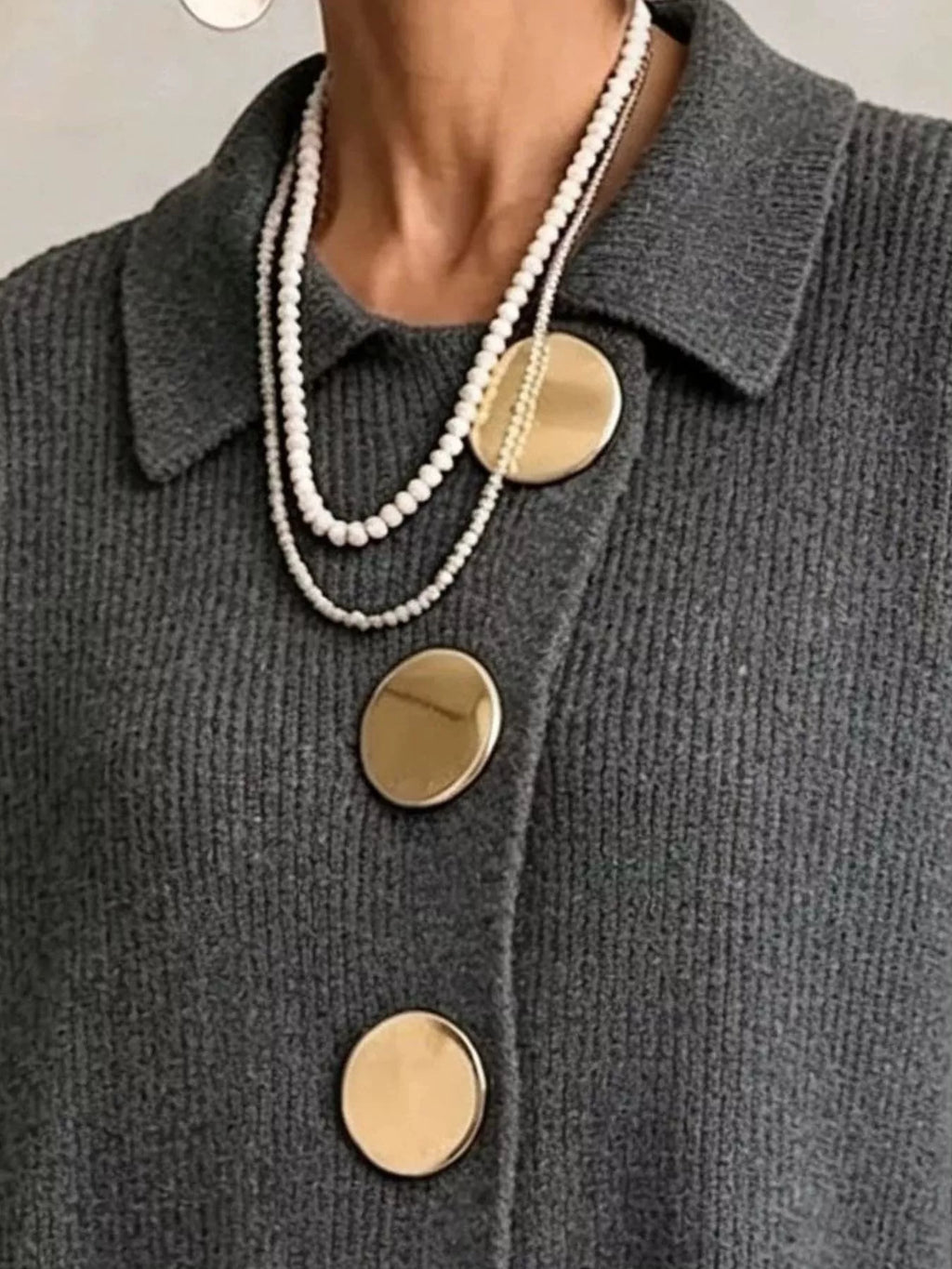 Full Size Gold Buttons Lantern Sleeve Cardigan Plus Size - Lilixa.store