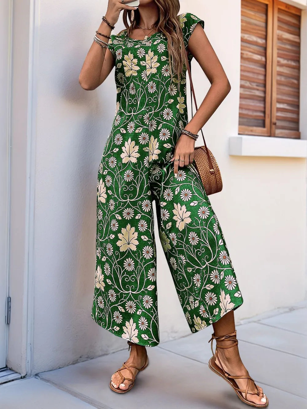 Perfee Printed Round Neck Cap Sleeve Wide Leg Jumpsuit - Lilixa.store