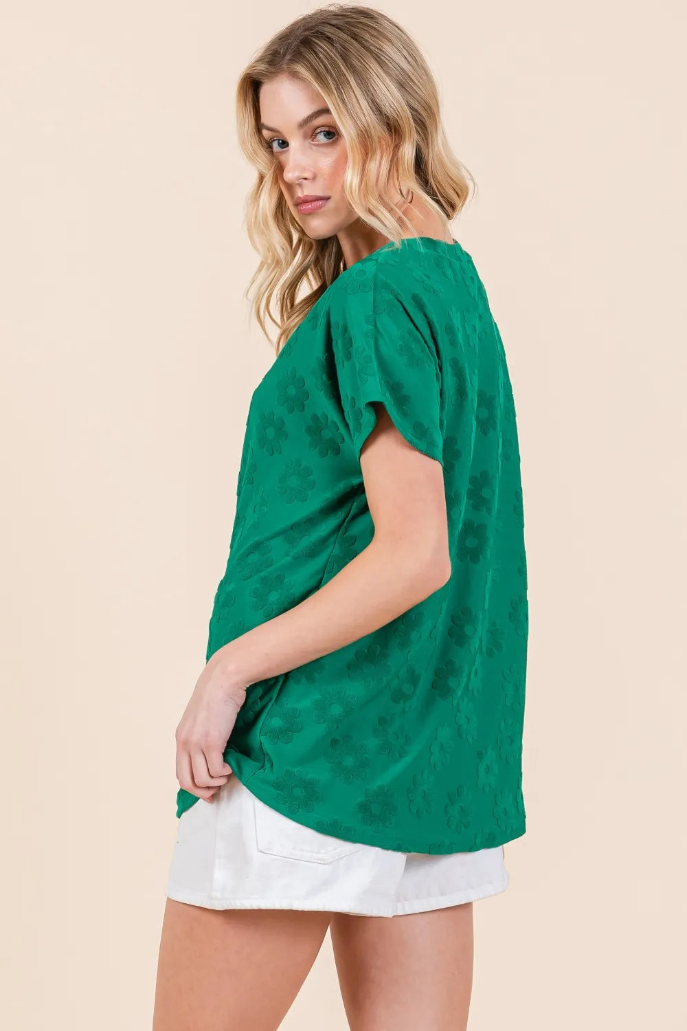 BOMBOM Textured Floral Pattern Short Sleeve T-Shirt - Lilixa.store