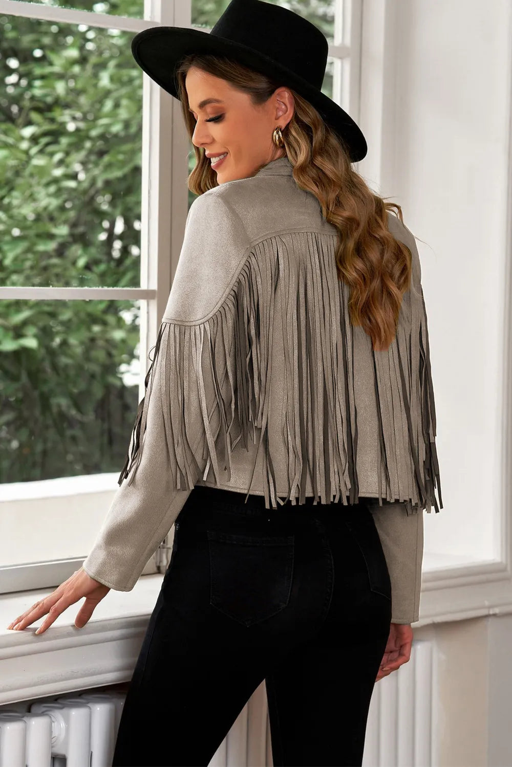 Fringe Trim Lapel Collar Cropped Blazer, view 5