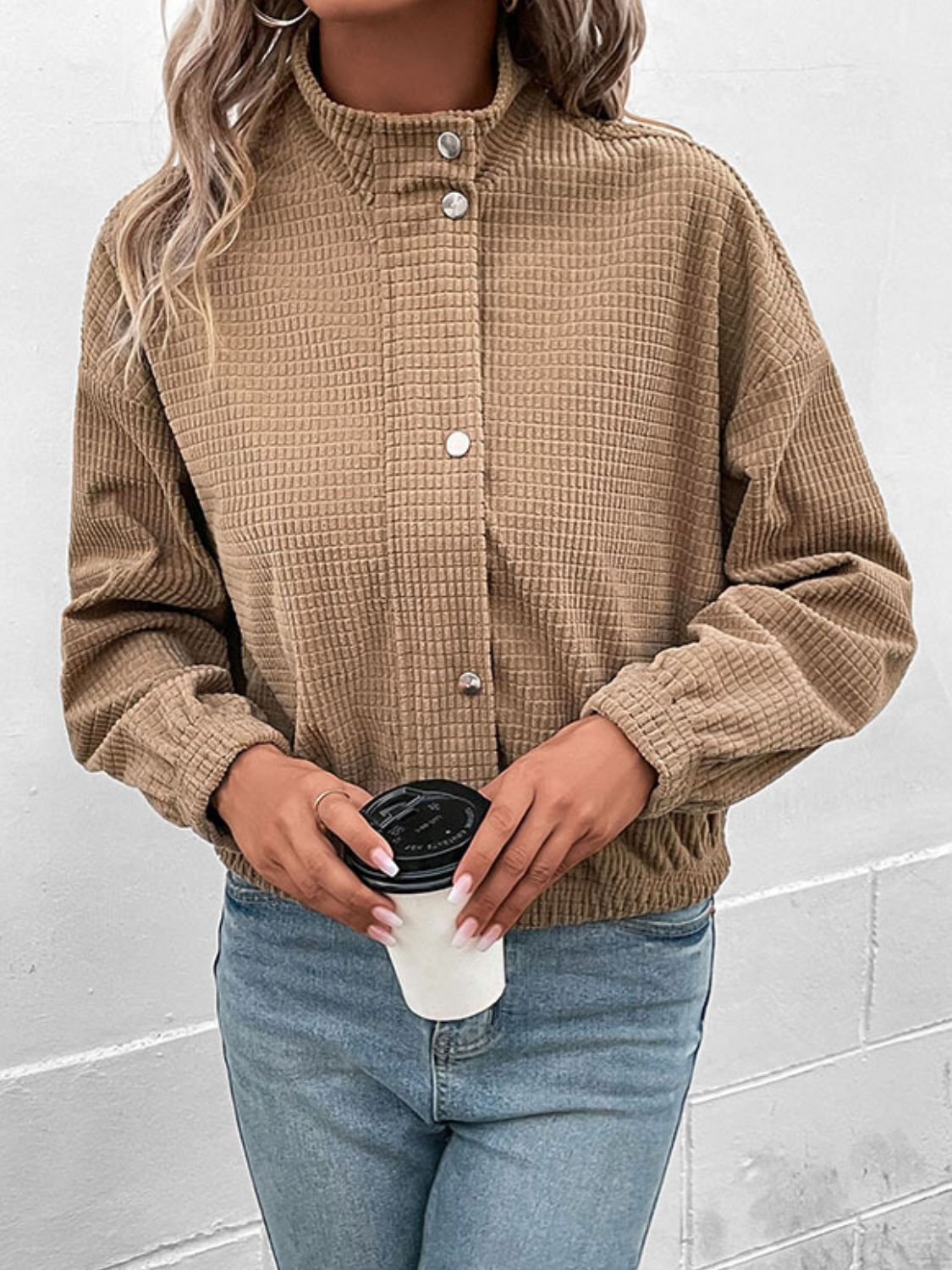 Perfee Long Sleeve Dropped Shoulder Jacket in Khaki, view 4
