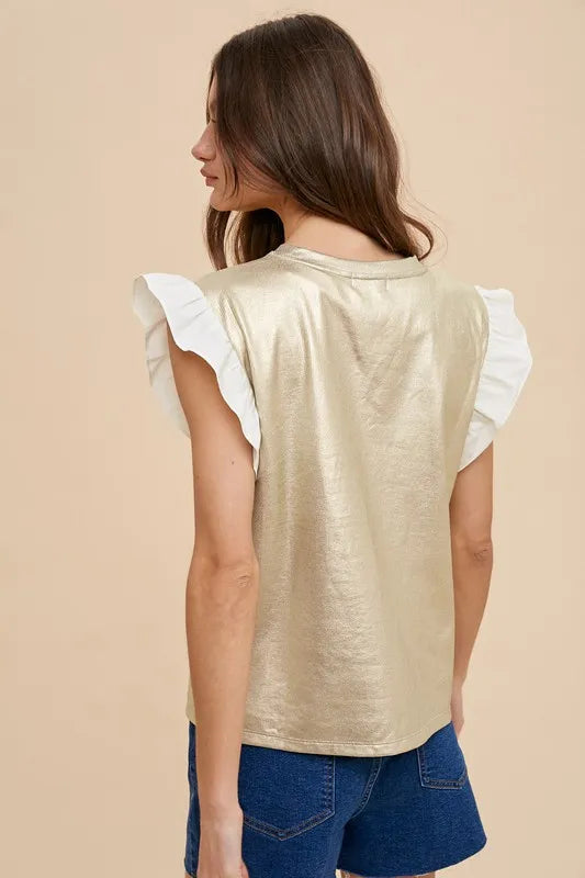 Annie Wear Mix Media Metallic Knit Ruffle Sleeve Top - Lilixa.store
