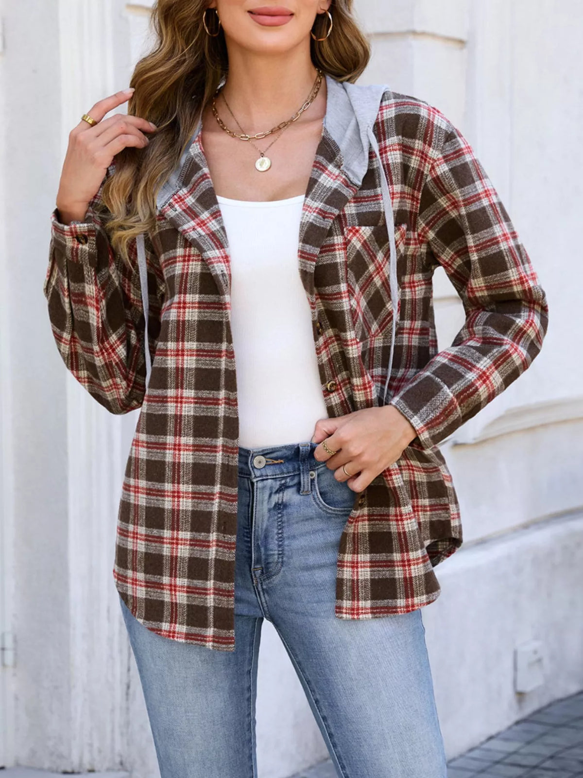 Hooded Plaid Button-Up Shacket in Red
