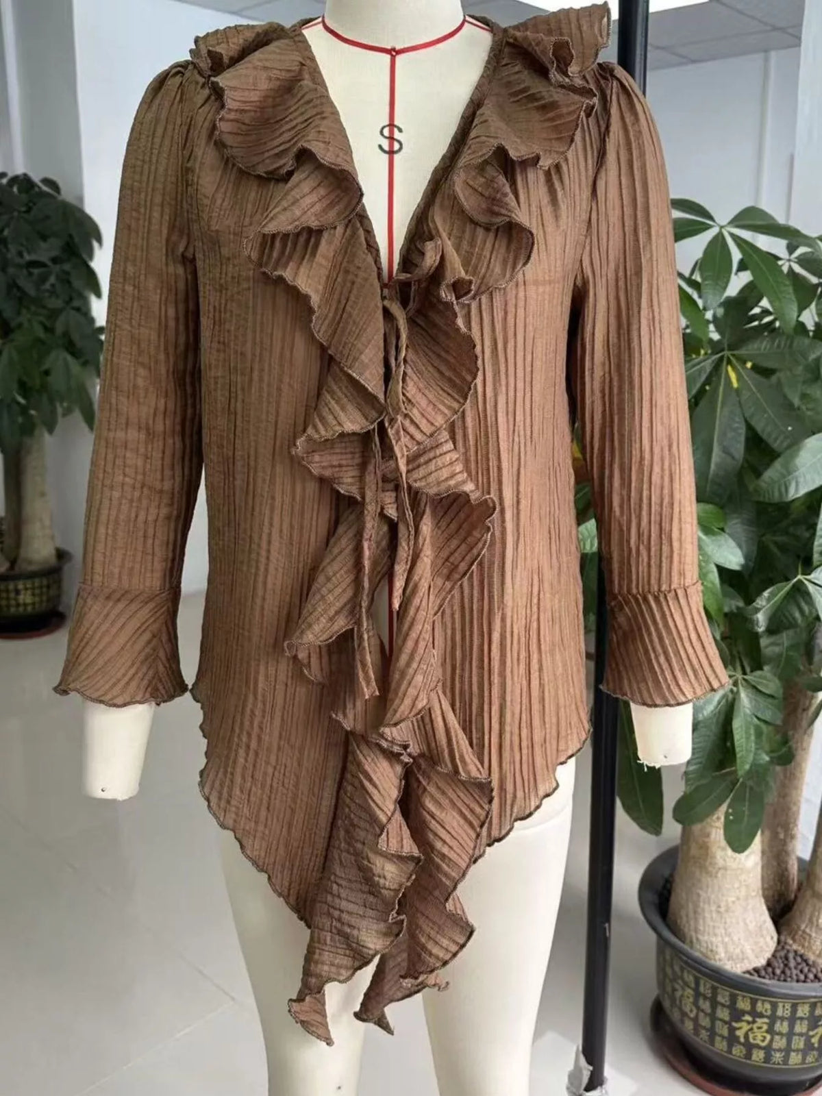Full Size Ruffled Tie Neck Long Sleeve Blouse Plus Size