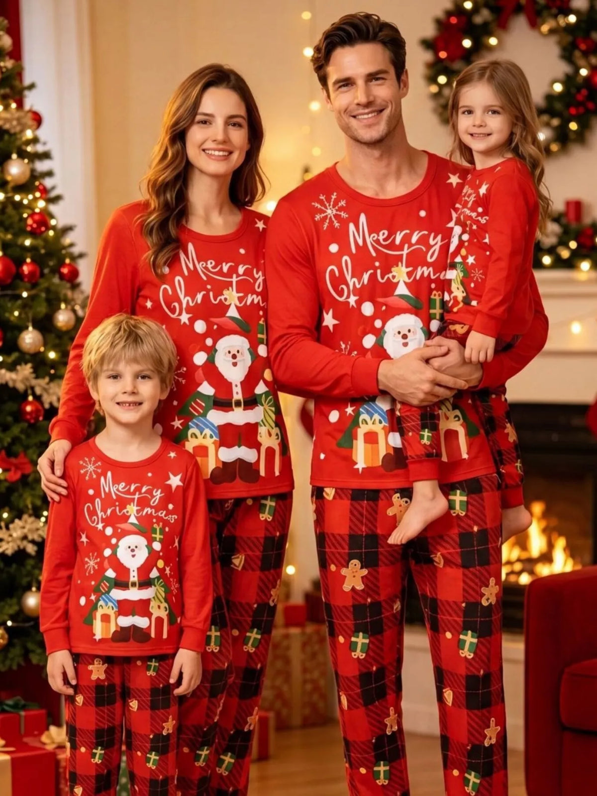 Family Matching Christmas Pajama Set with Santa and Plaid Print