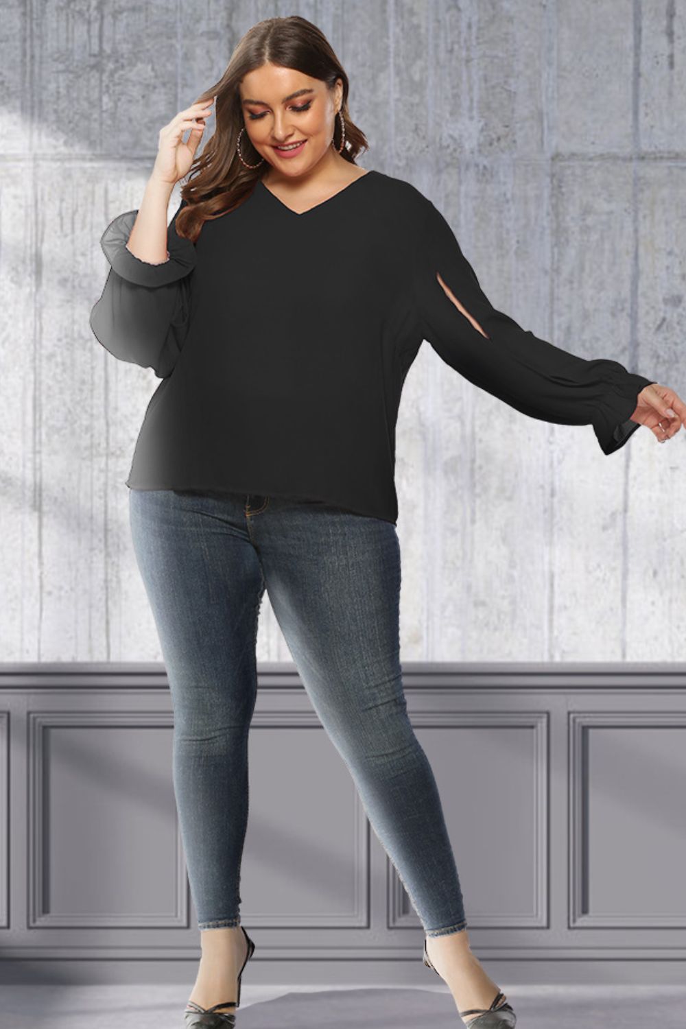 Plus Size Cutout Flounce Sleeve Blouse in Black, view 4