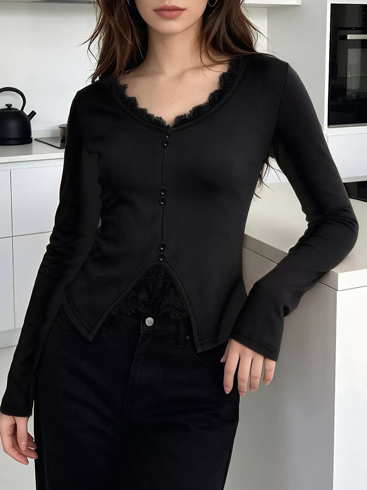Lace Detail Long Sleeve T-Shirt - Lilixa.store