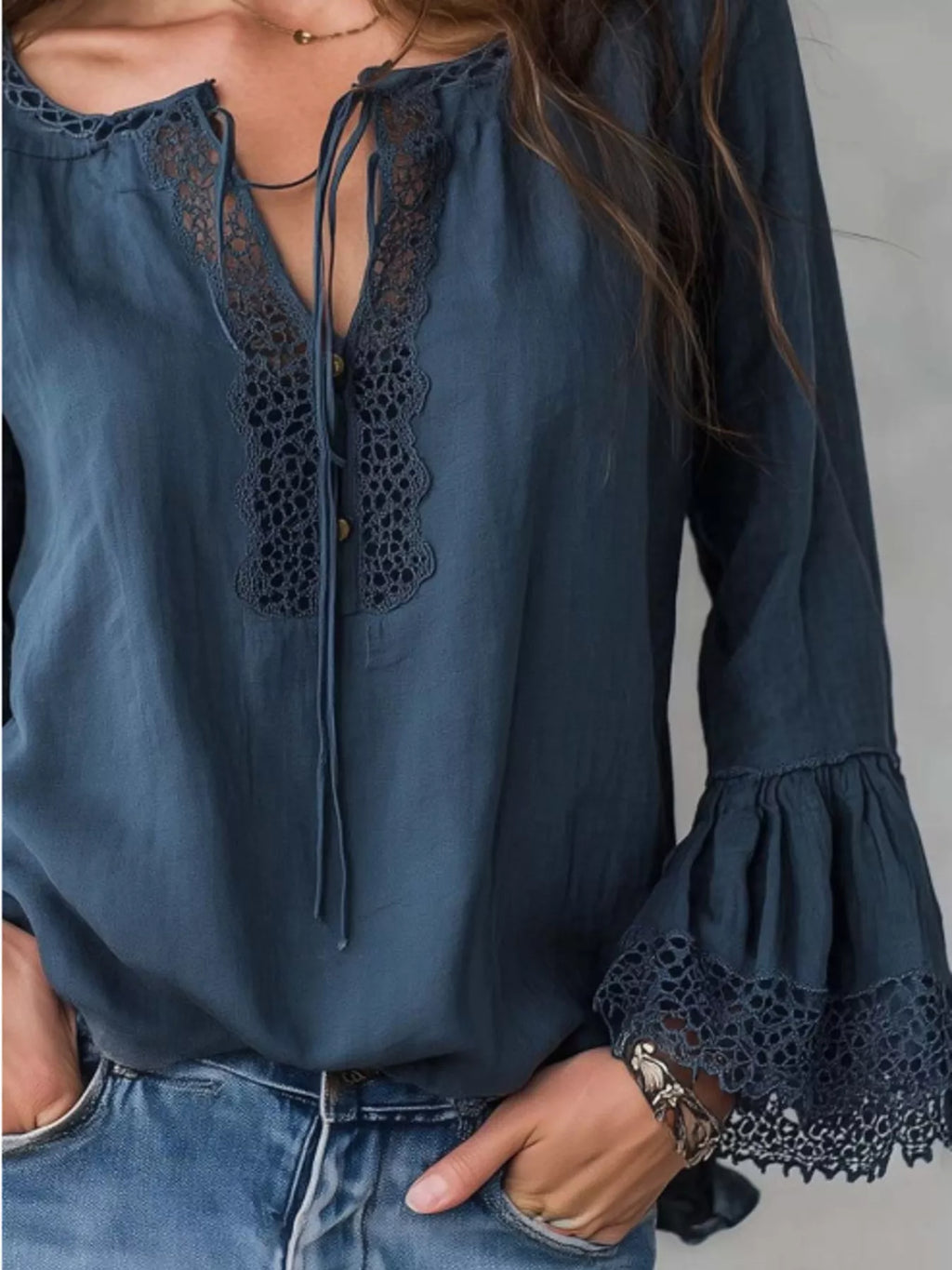 Full Size Tie Neck Flounce Sleeve Blouse Plus Size - Lilixa.store