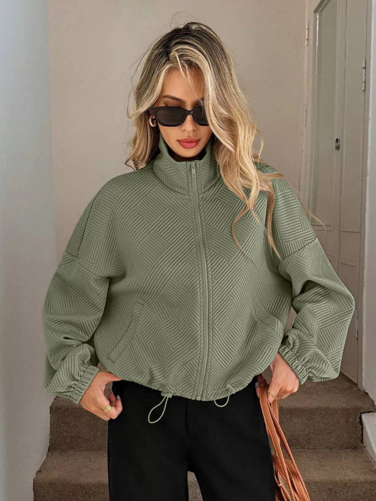 Drawstring Hem Textured Long Sleeve Jacket, view 15