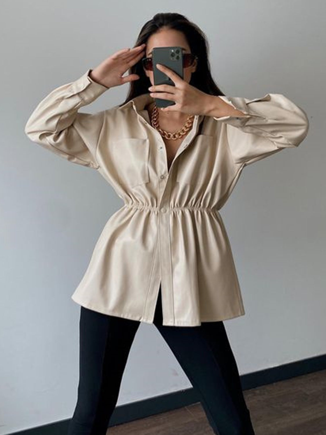Snap Down Collared Jacket in Tan