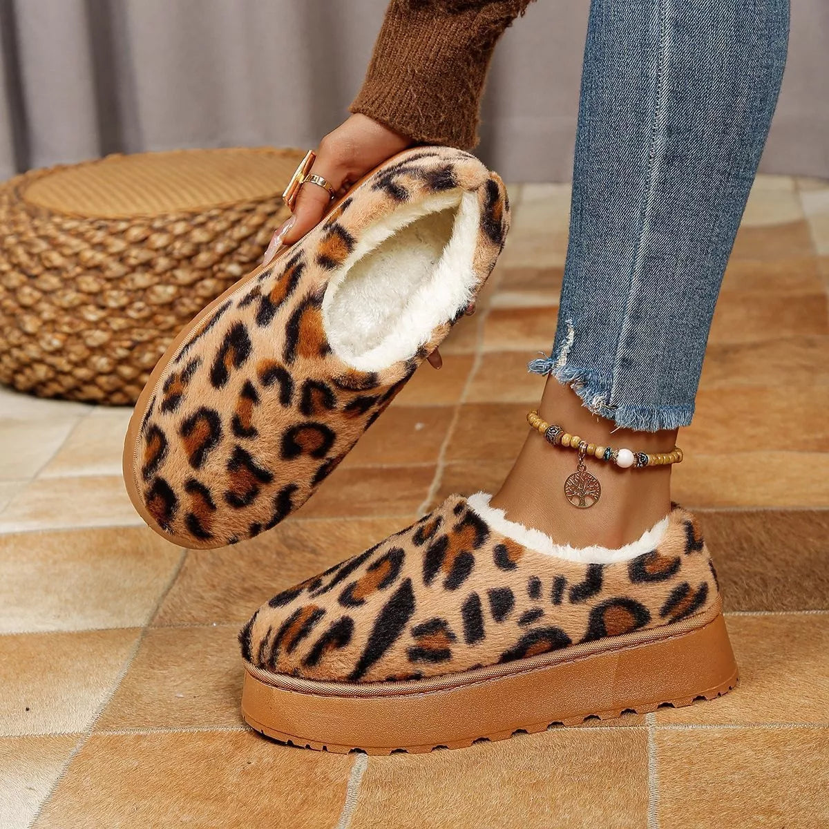 Leopard Print Faux Fur Lined Platform Boots, view 3