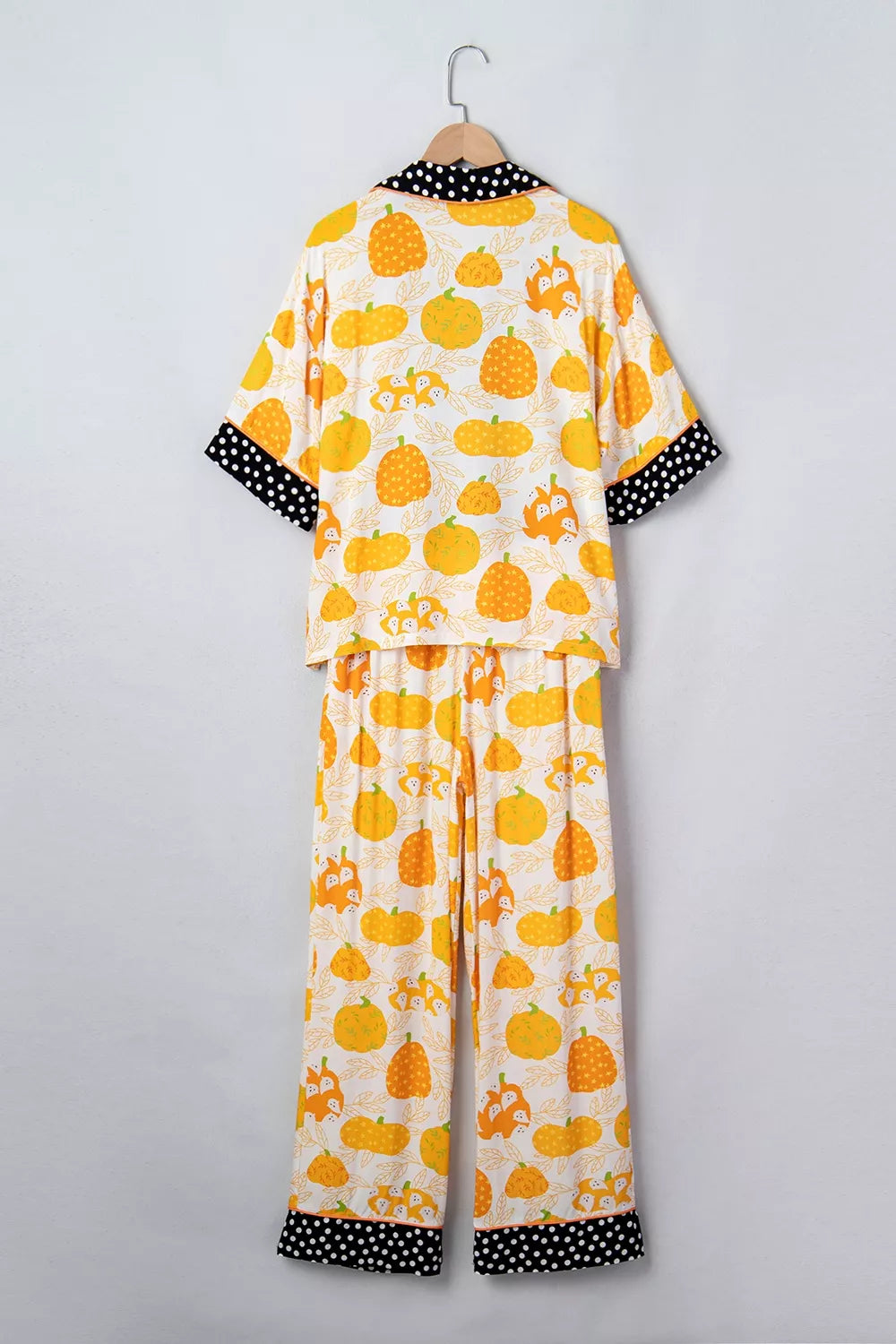 Short Sleeve Pumpkin Print Polka Dot Trim Pocket Placket Lounge Set - Lilixa.store
